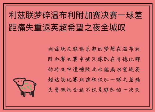 利兹联梦碎温布利附加赛决赛一球差距痛失重返英超希望之夜全城叹 利兹联梦碎温布利附加赛决赛一球差距痛失重返英超希望之夜全城叹